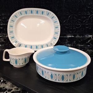 Rare Crown Devon Mid Century Serving Set, Blue Onion,Blue Teal Pattern Serveware